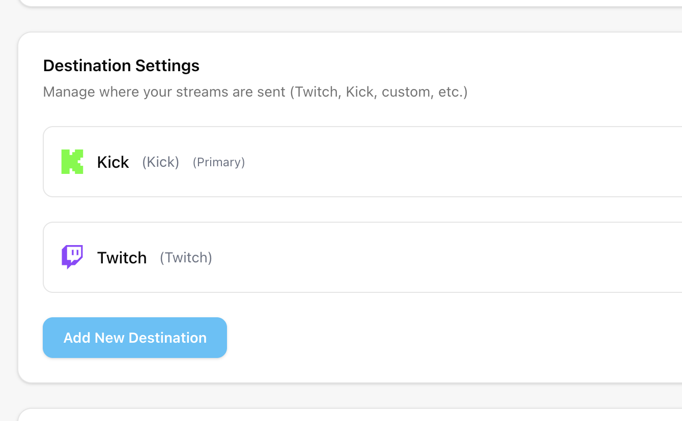 Streamable destination settings with the Add New Destination button visible