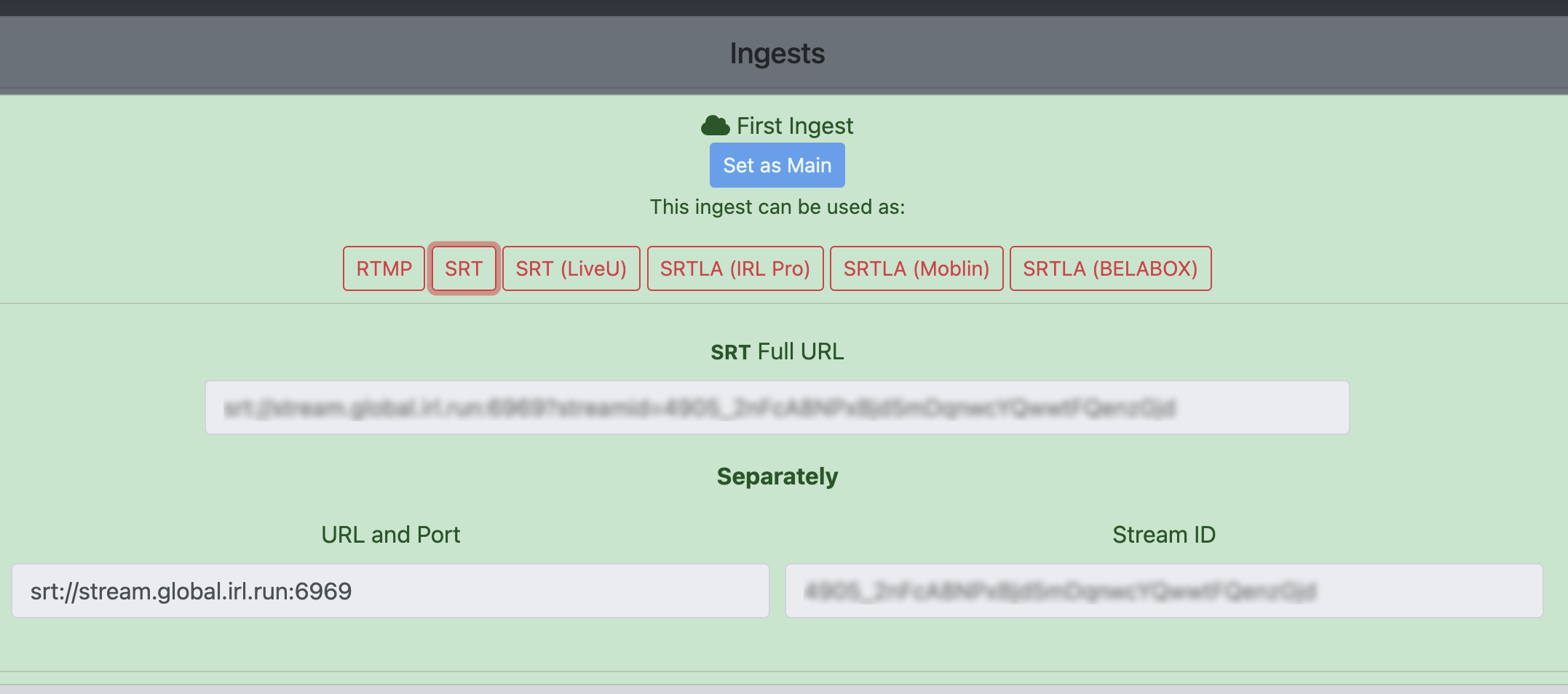 Server ingest details showing the SRT URL and Stream ID