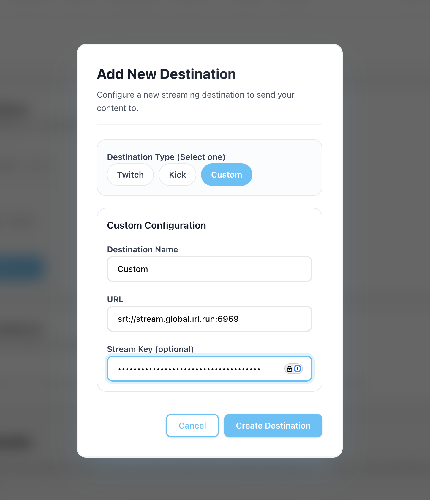 Streamable custom destination settings with URL and stream key fields filled in