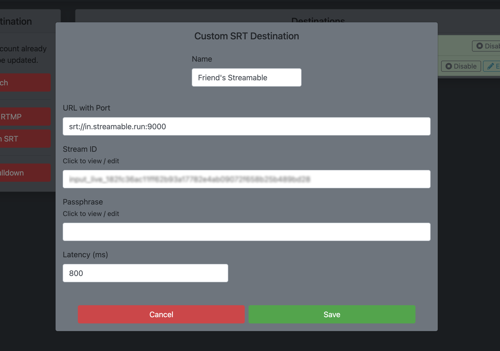Server settings screen adding Streamable as a new destination