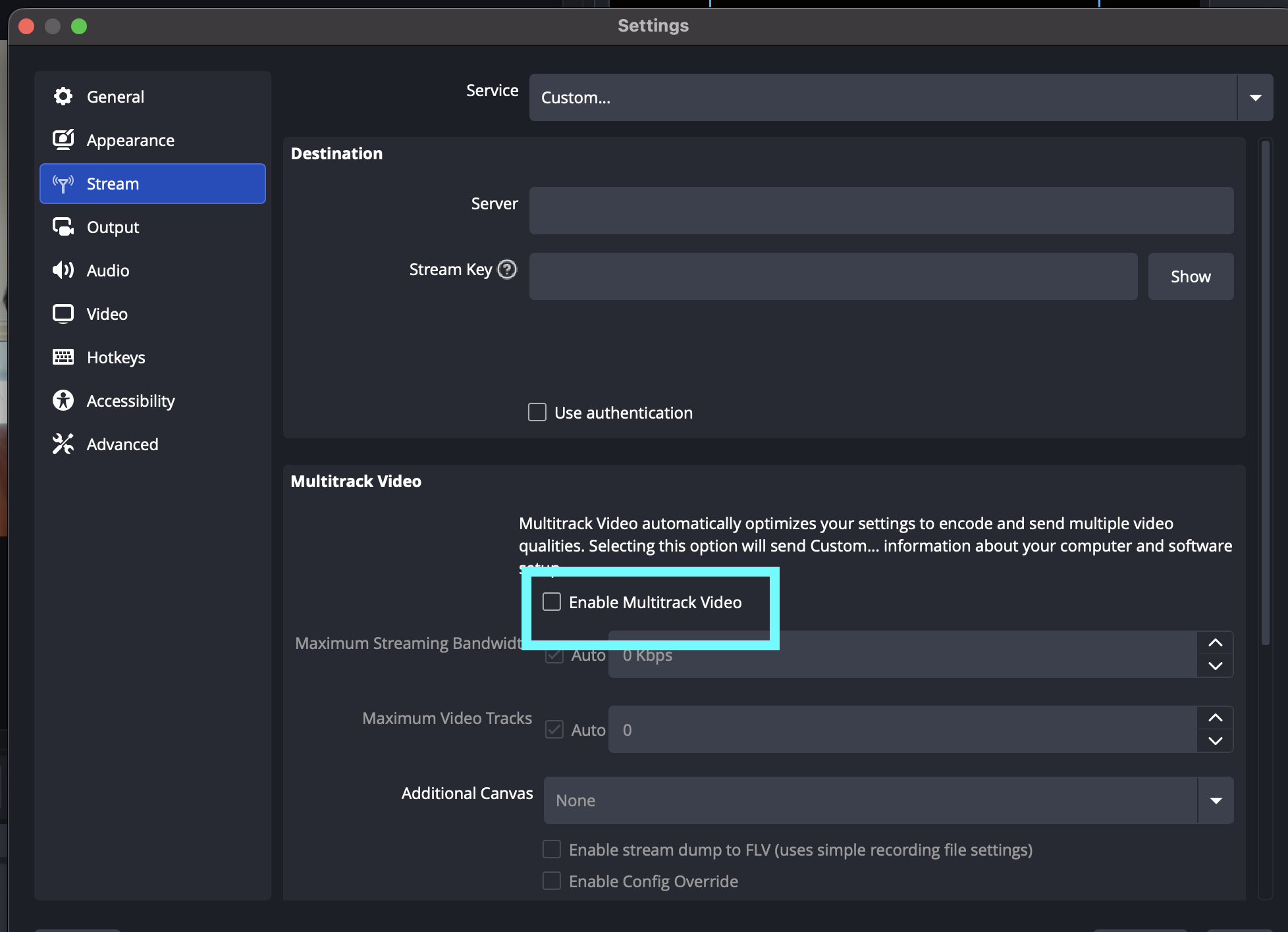 OBS custom stream settings with the stream URL cleared and Multitrack Video disabled.