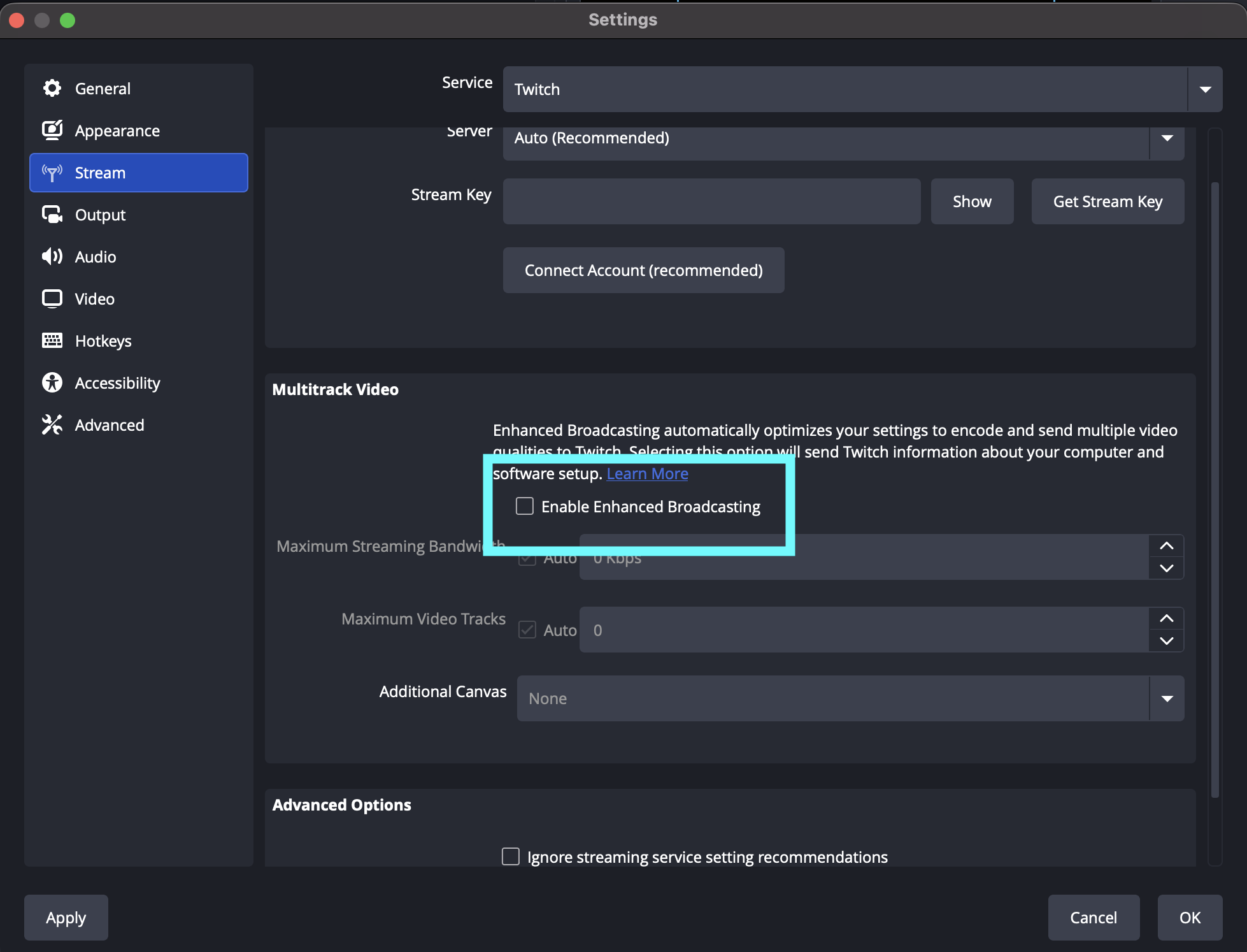 OBS Twitch stream settings with Enhanced Broadcasting turned off.