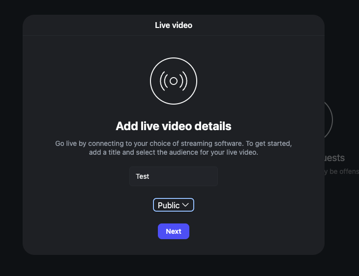 Instagram Live setup screen with title and audience fields