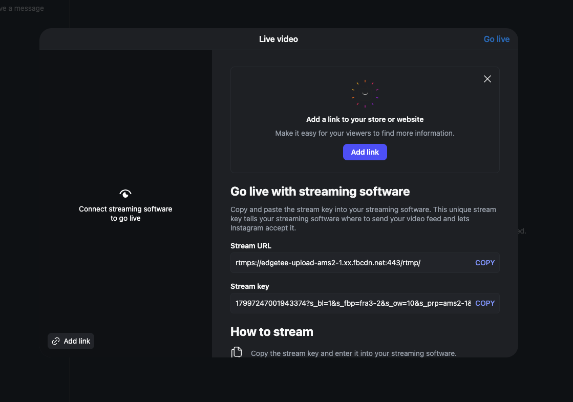 Instagram Live Producer stream URL and stream key