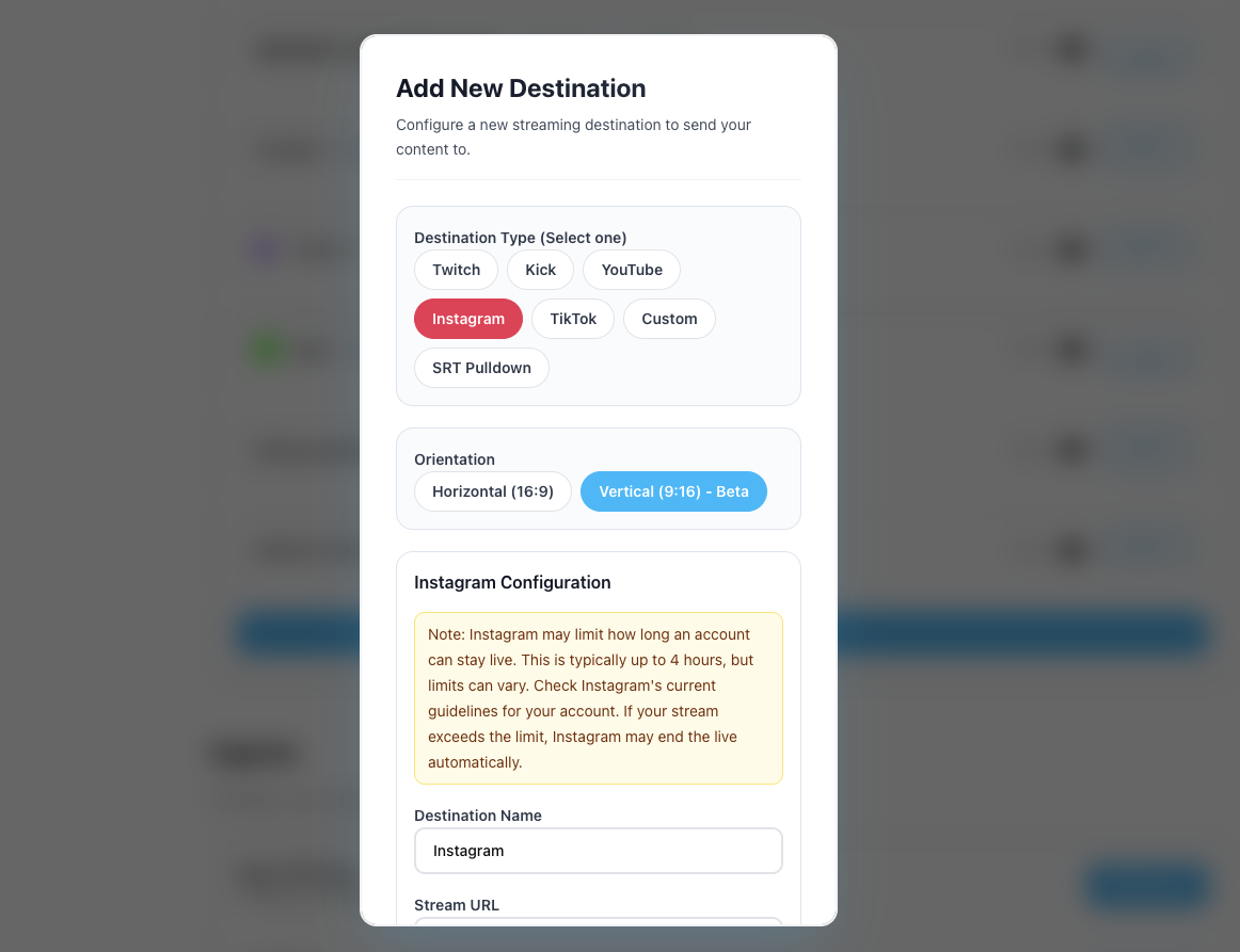 Streamable Instagram destination form with Stream URL and Stream Key fields