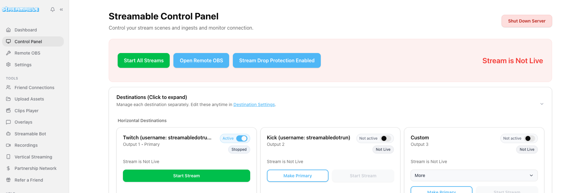 Streamable Dashboard with Instagram destination controls