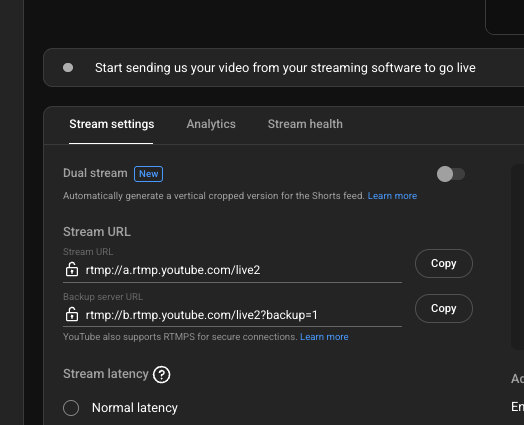 YouTube Studio Stream URL field