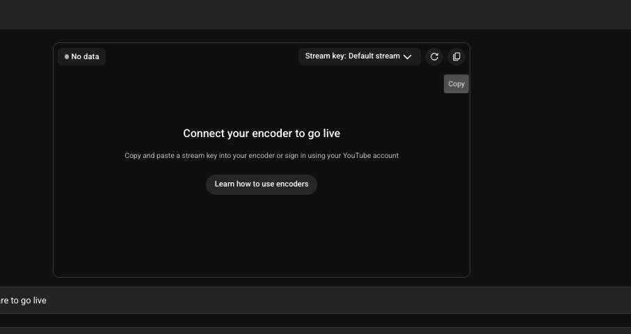 YouTube Studio Stream key with copy button
