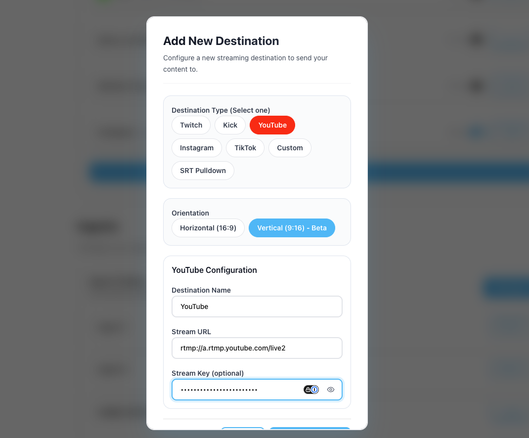 Streamable YouTube destination form with Stream URL and Stream Key fields