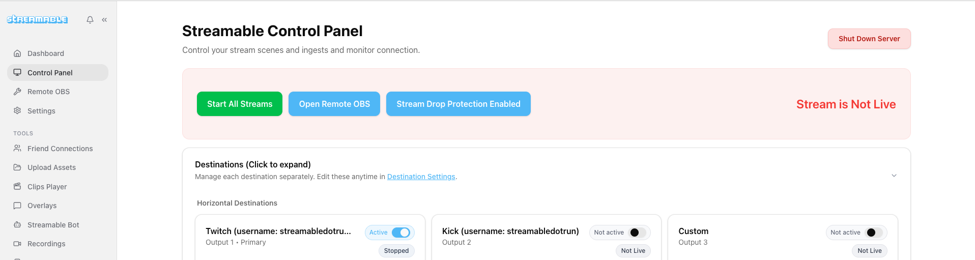 Streamable Dashboard with YouTube destination controls