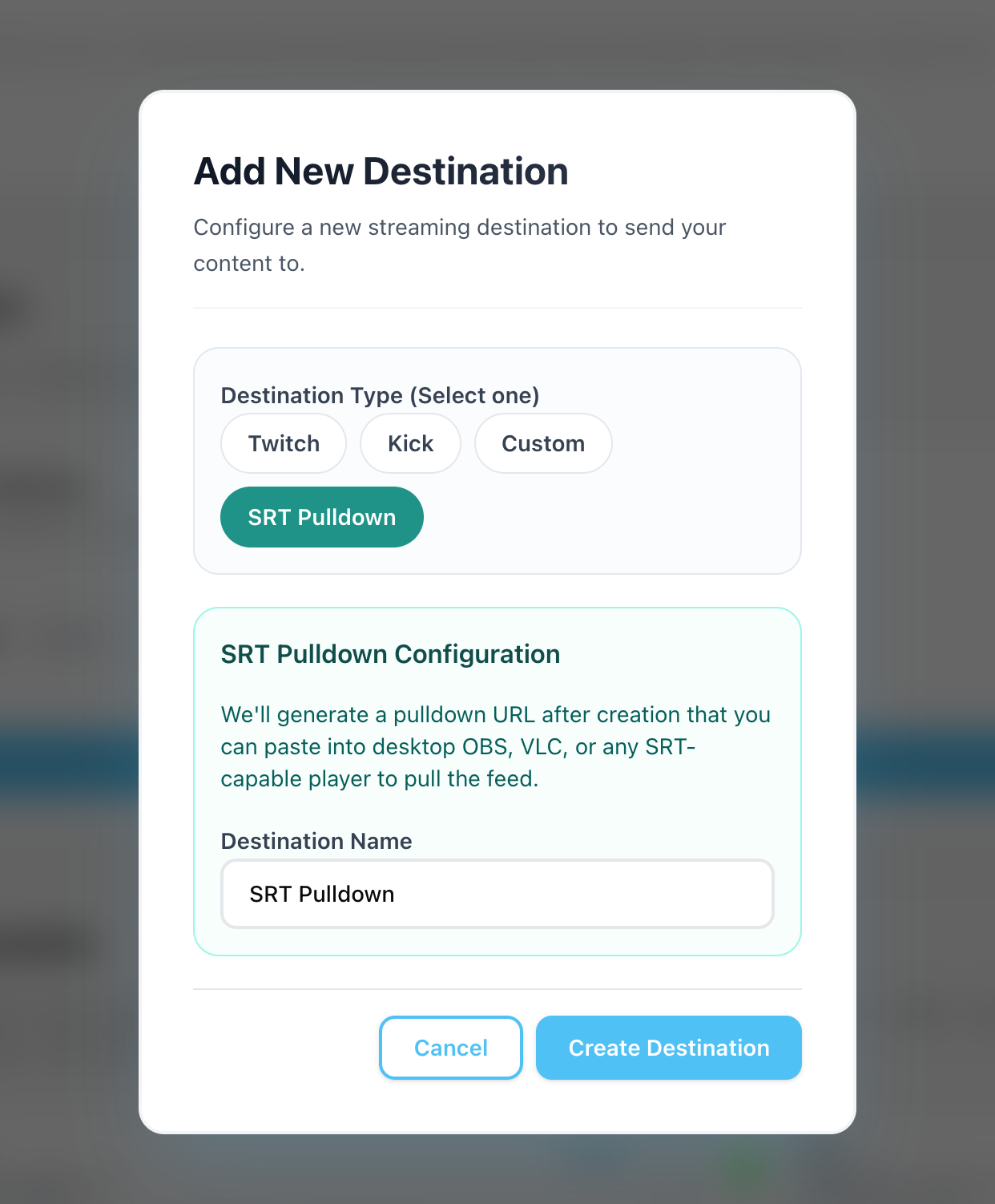 Add Destination modal with SRT Pulldown selected