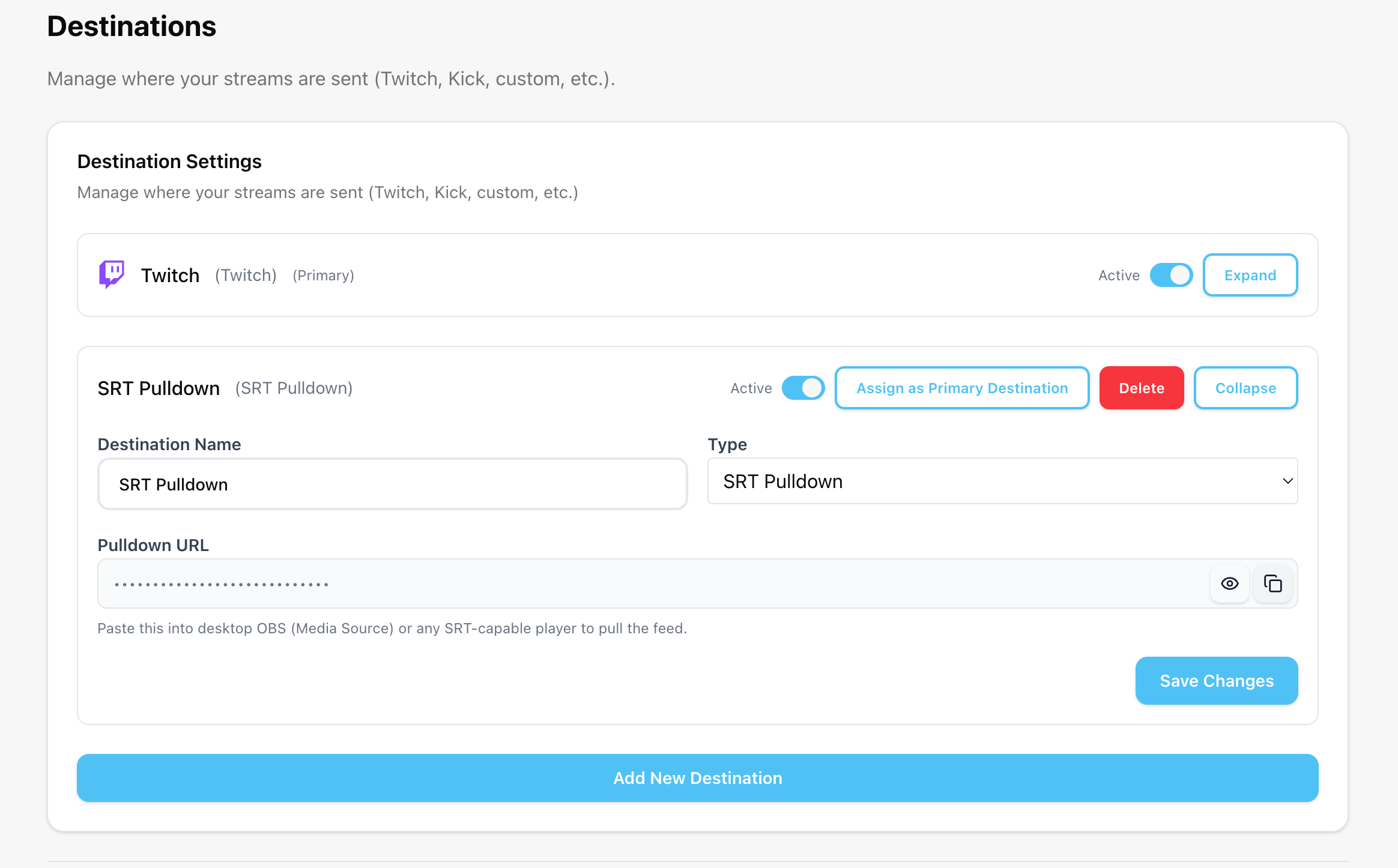 SRT Pulldown destination showing the SRT URL ready to copy