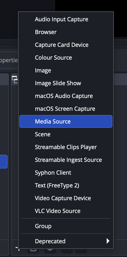 OBS Sources panel with Media Source being added