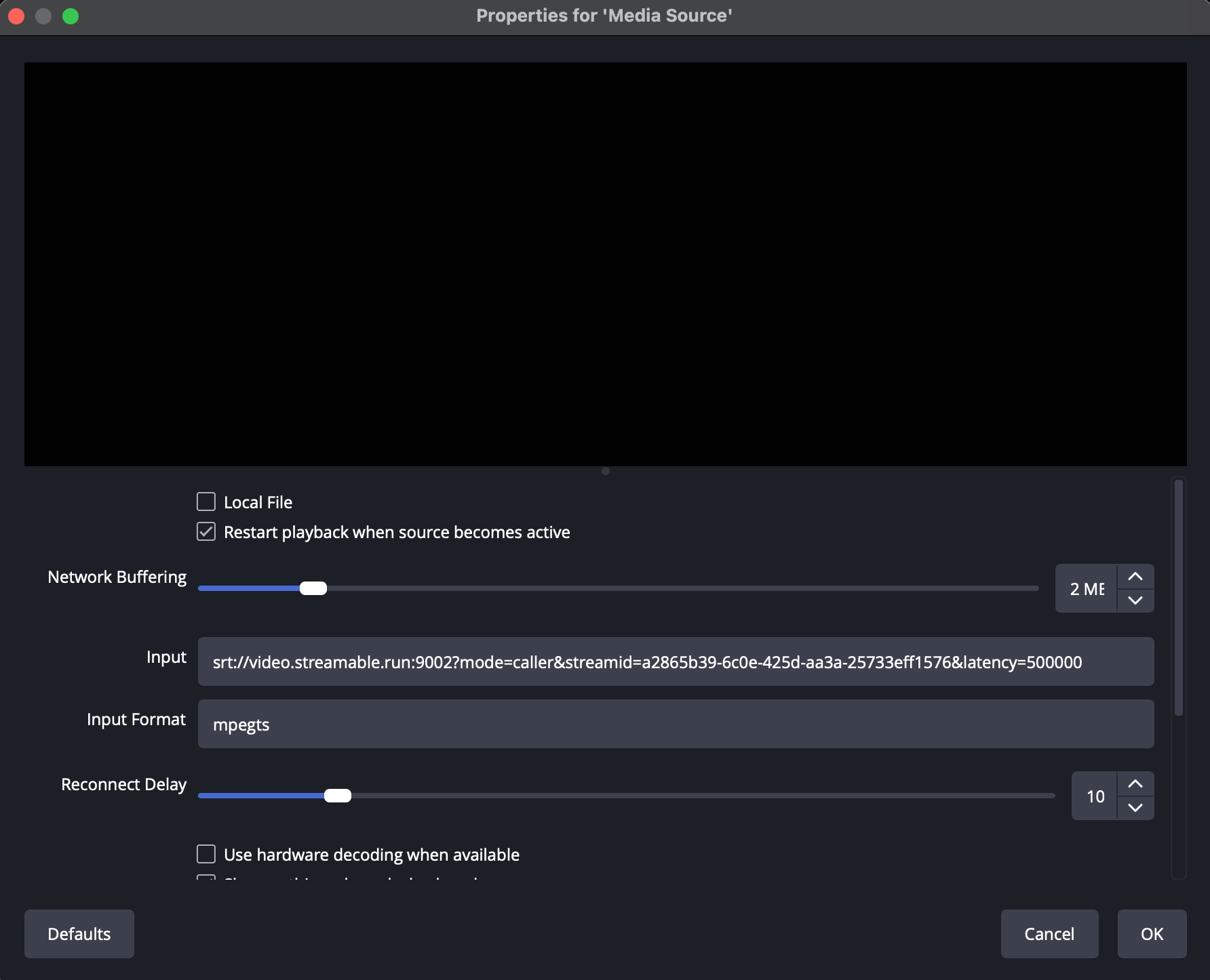 OBS Media Source properties with Local File unchecked, SRT URL pasted into Input, and mpegts entered as the Input Format