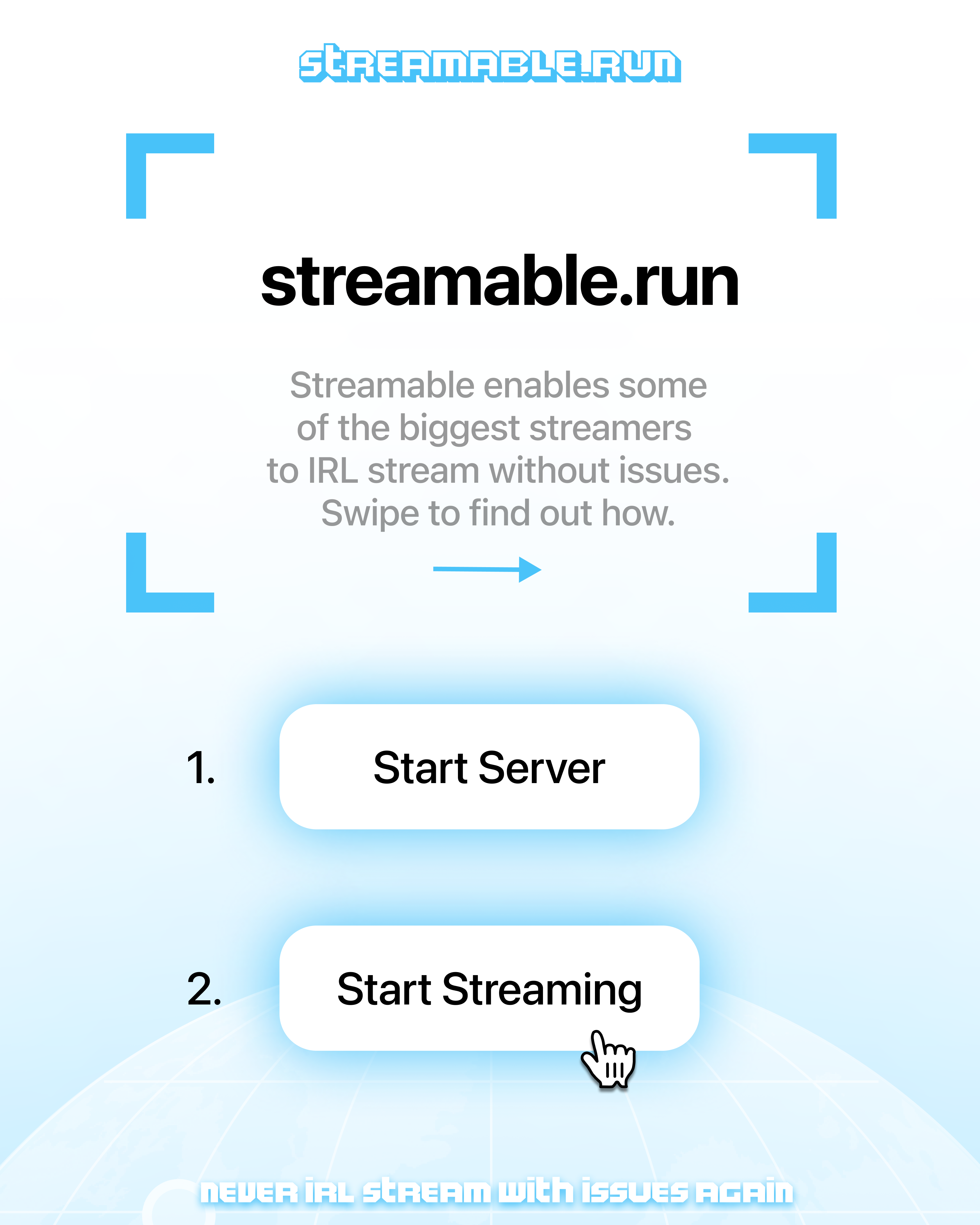Streamable.run intro slide with Start Server and Start Streaming buttons.
