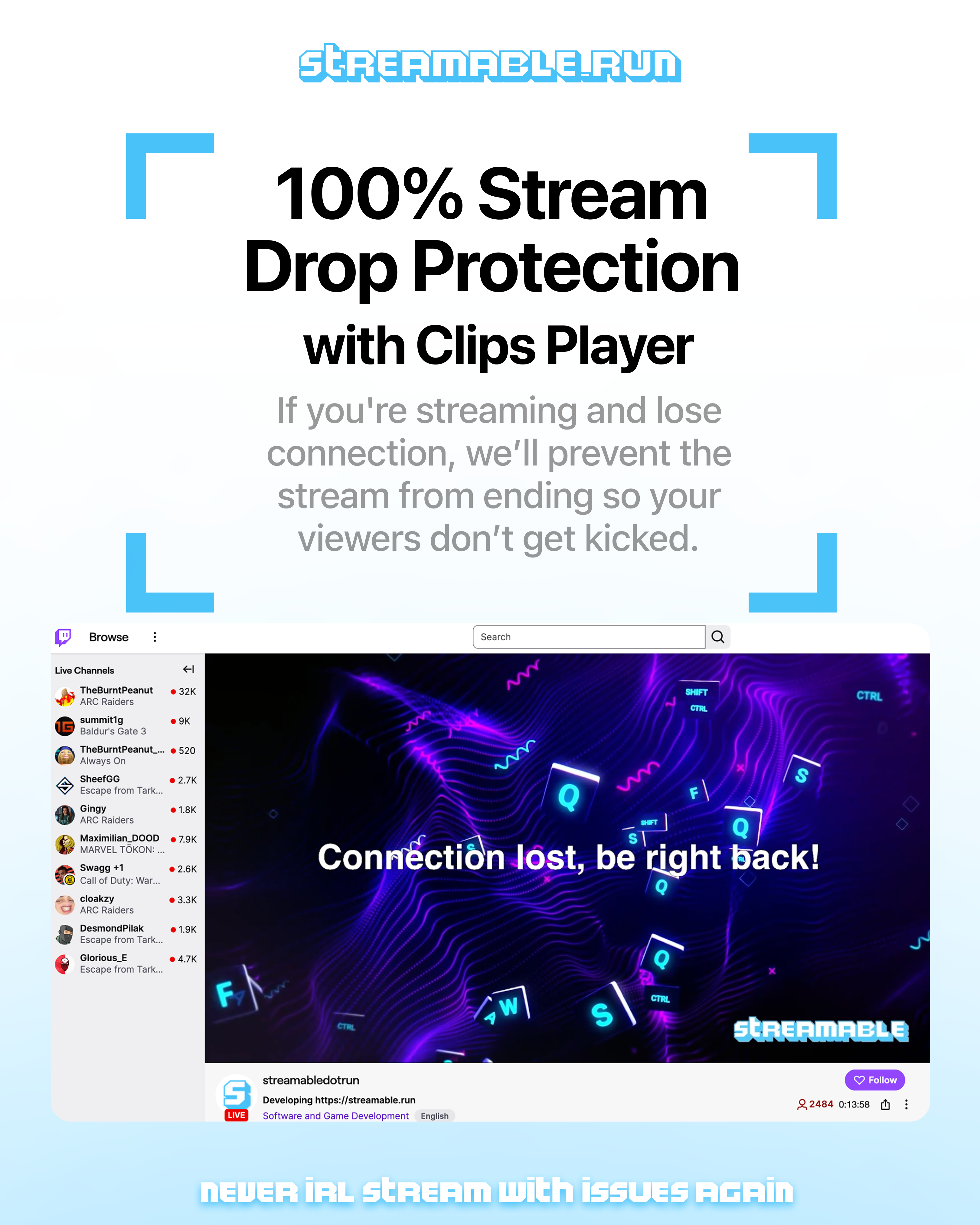 100% Stream Drop Protection with Clips Player slide showing a Twitch clip player.