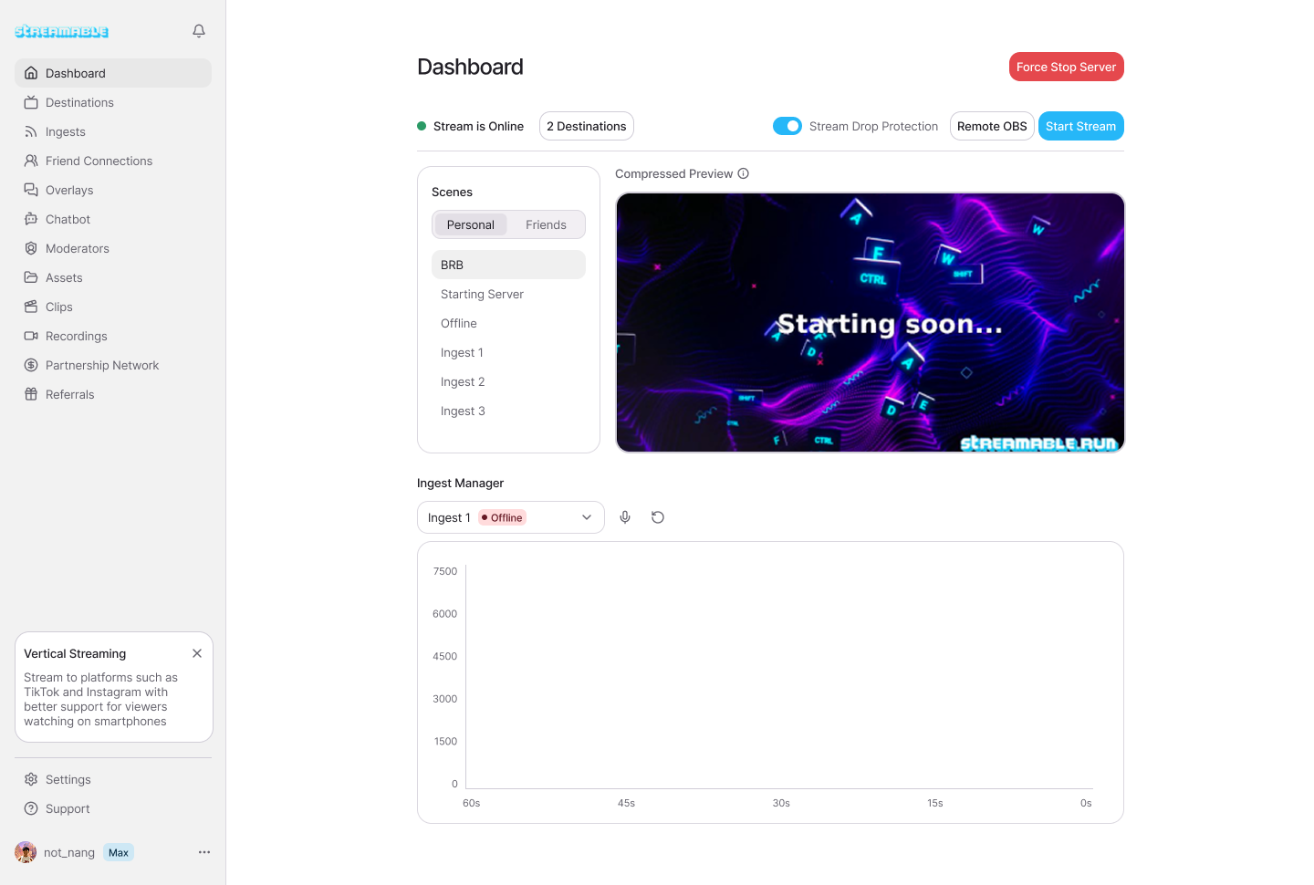 Streamable dashboard showing an active premium streaming server.