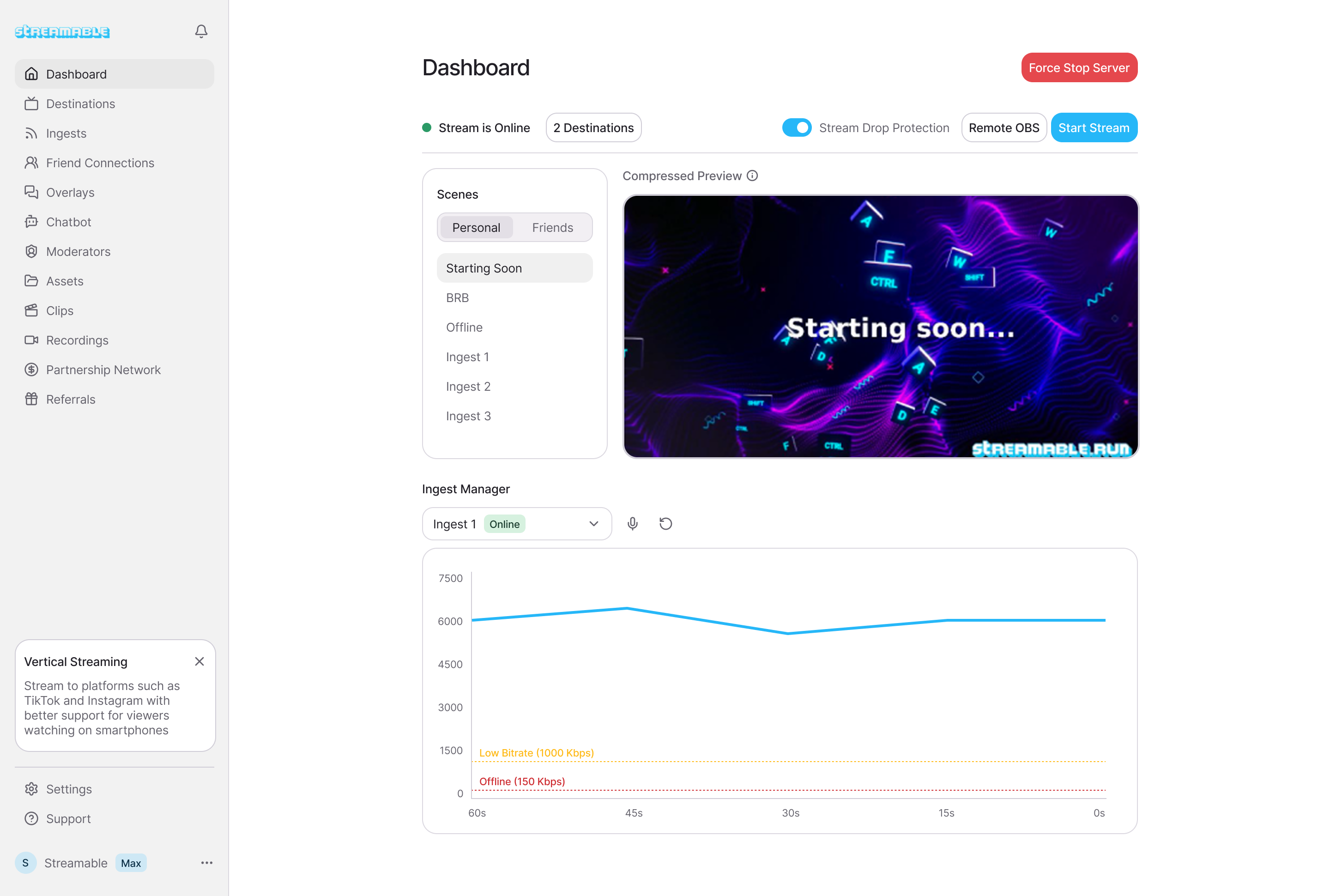 Streamable dashboard for managing stream production away from the phone.