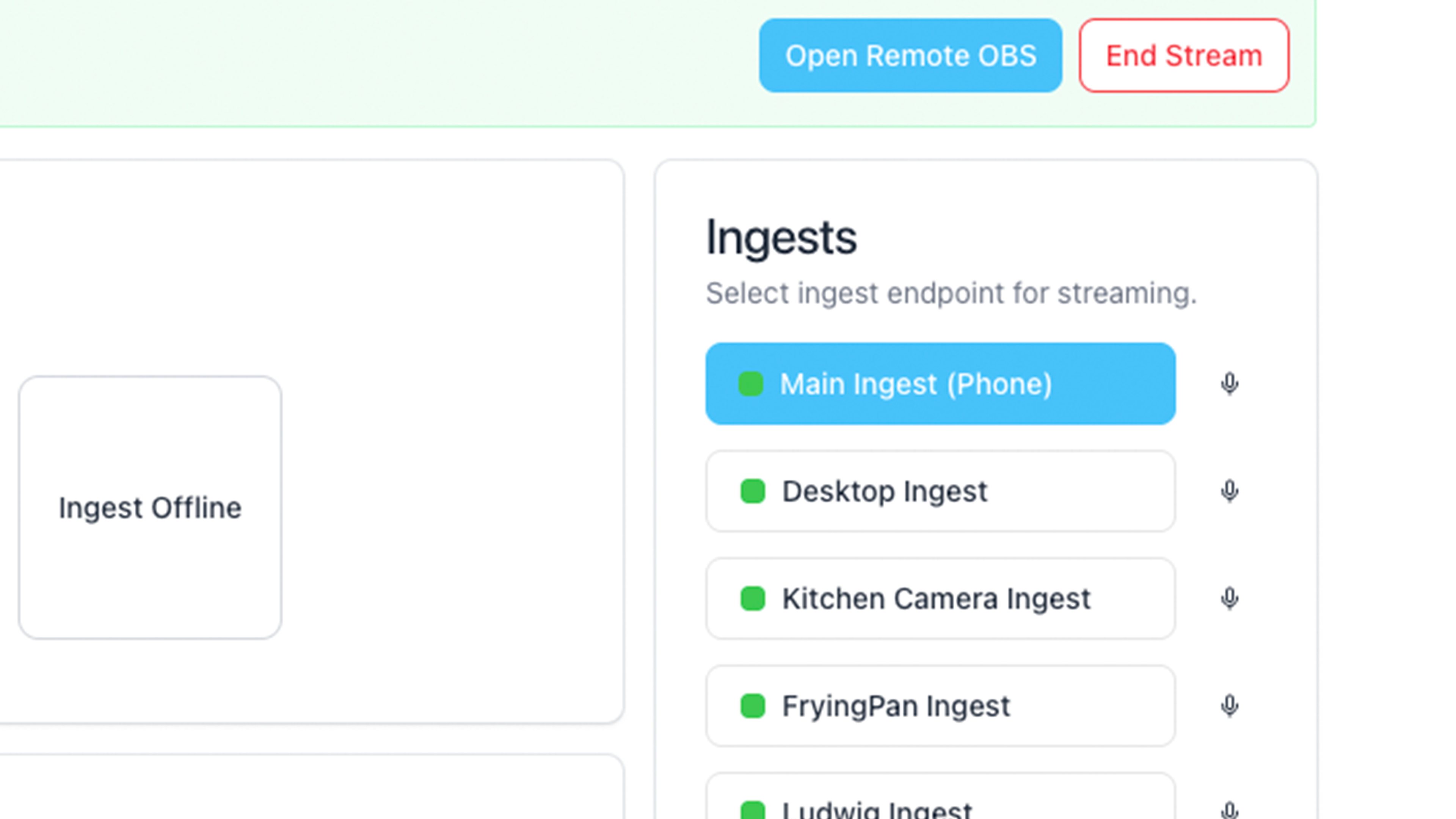 StreamableRun ingests page for managing live stream inputs.