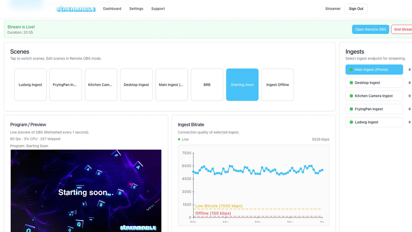 StreamableRun dashboard for managing a cloud streaming server, ingests, destinations, and stream controls.
