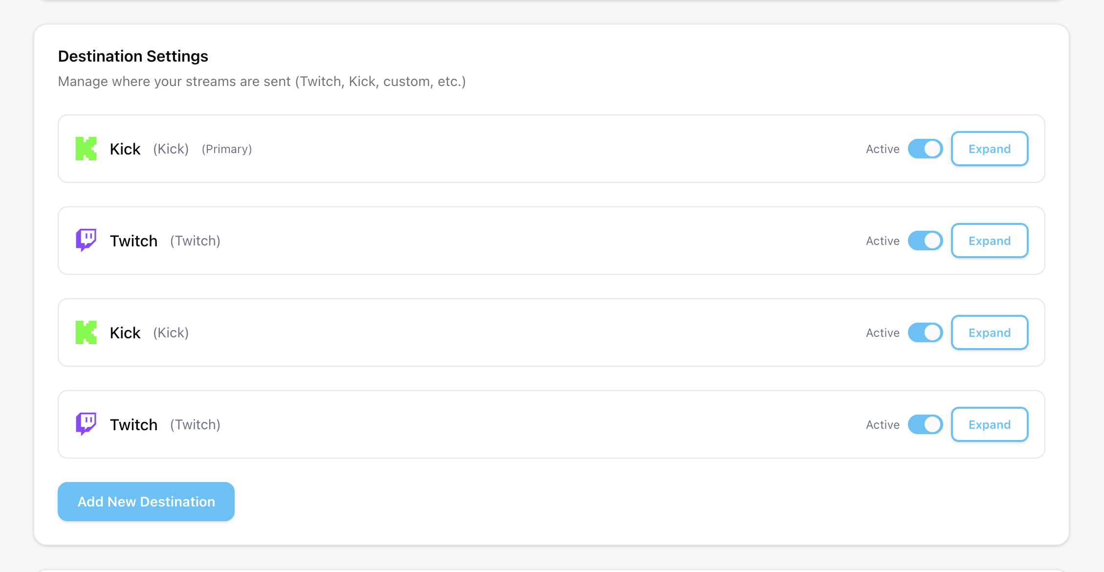 Streamable multiple destinations control panel.